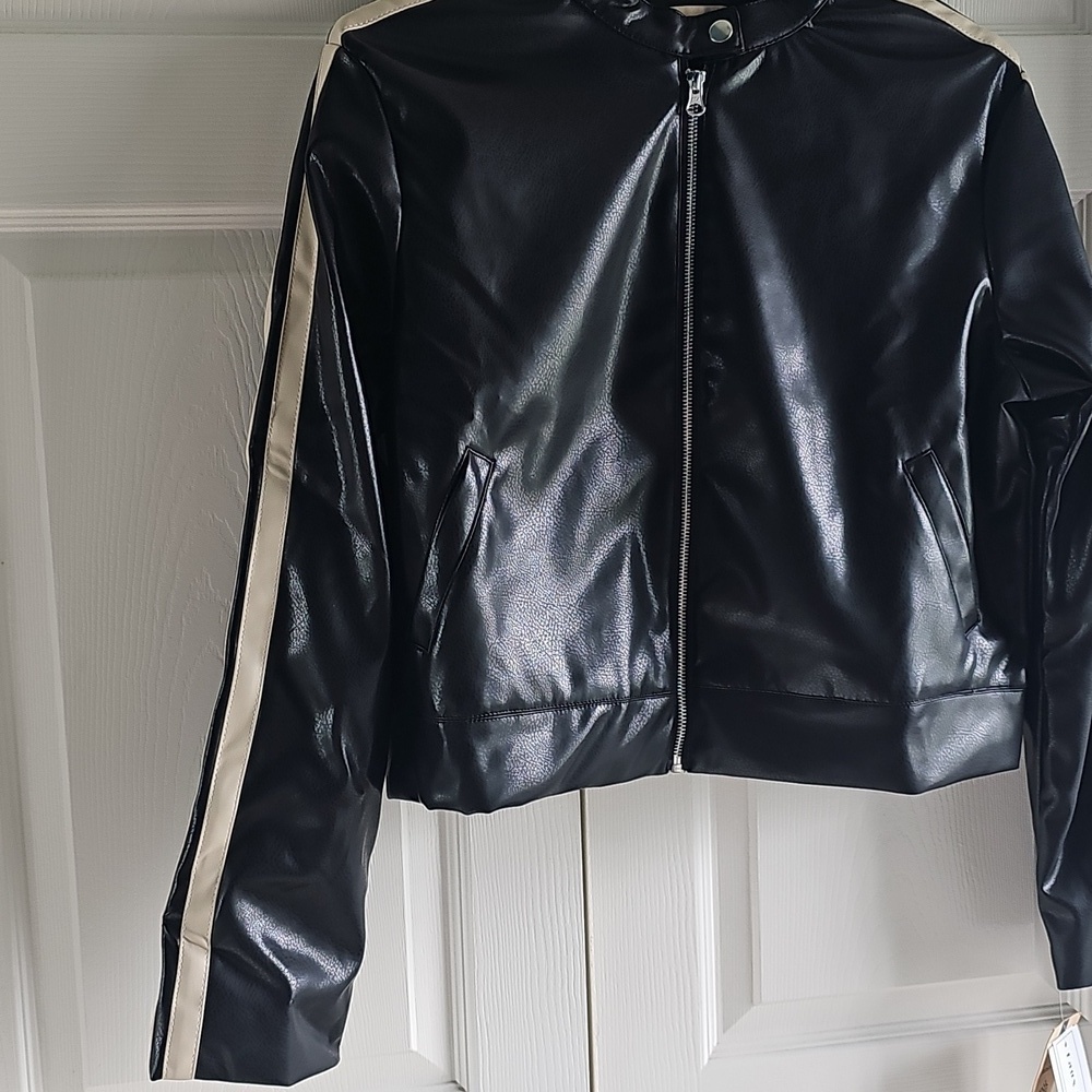 NWT Democracy Faux Leather Biker Jacket Retro Y2K Large Black/Cream - Picture 6 of 15